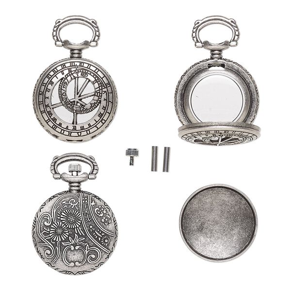 Watch body, acrylic and antique silver-finished "pewter" (zinc-based alloy), transparent clear, 41x27mm with 27mm round and dial with floral design. Sold per 5-piece set. image number 0