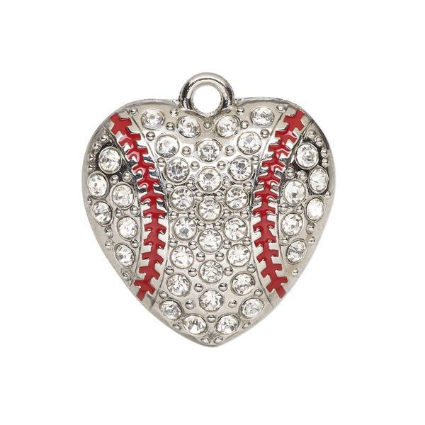 Charm, enamel / glass / silver-finished "pewter" (zinc-based alloy), clear and red, 26.5x26mm single-sided domed baseball heart. Sold individually. image number 0