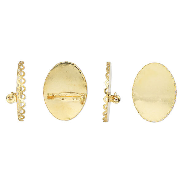 Pin back, gold-finished steel, 31x23mm scalloped oval with 30x20mm oval setting. Sold per pkg of 4. image number 0