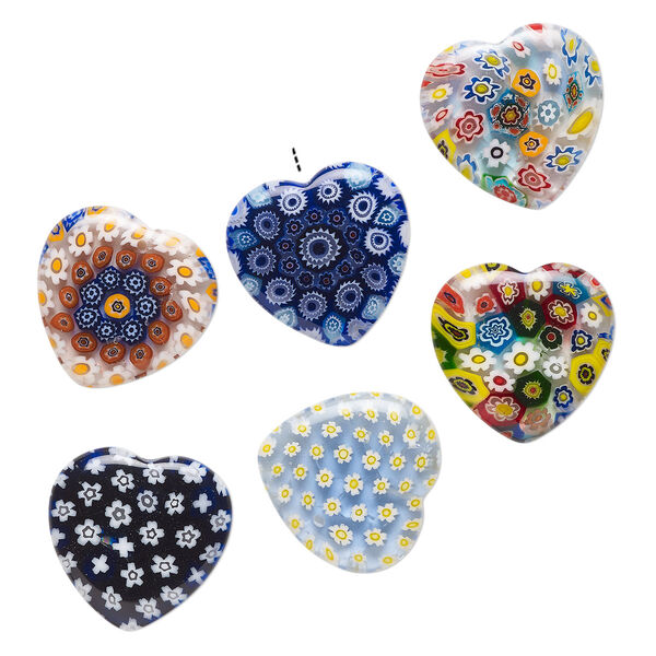 Bead, millefiori glass, translucent multicolored, 24-26mm half-drilled puffed heart with flower, star and tree design. Sold per pkg of 6. image number 0