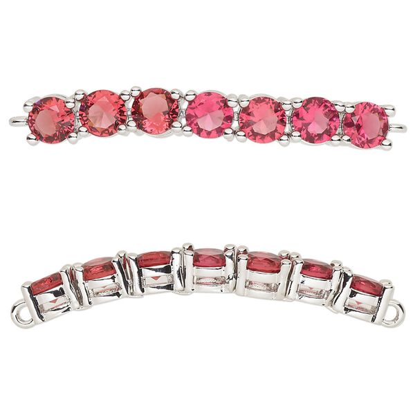 Focal, cubic zirconia and silver-plated brass, fuchsia, 40x5mm curved rectangle. Sold individually. image number 0