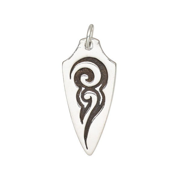 Charm, antiqued sterling silver, 24.5x11 single-sided arrowhead with tribal design and 5mm soldered jump ring. Sold individually. image number 0