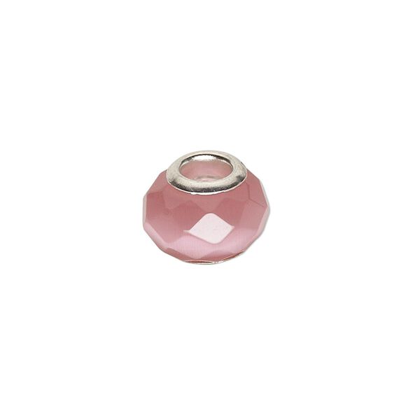 Bead, Dione®, cat's eye glass (fiber optic glass) and silver-plated brass grommets, pink, 13x10mm-14x10mm faceted rondelle. Sold per pkg of 4. image number 0