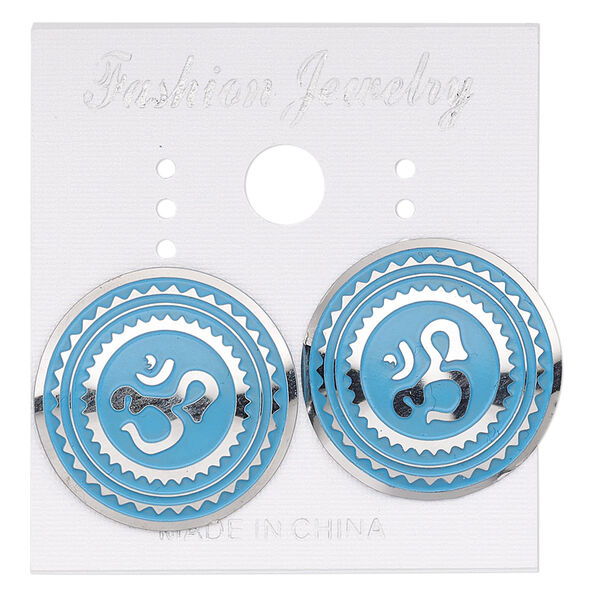 Earstud, stainless steel, blue patina, 20mm round with Om design. Sold per pair. image number 0