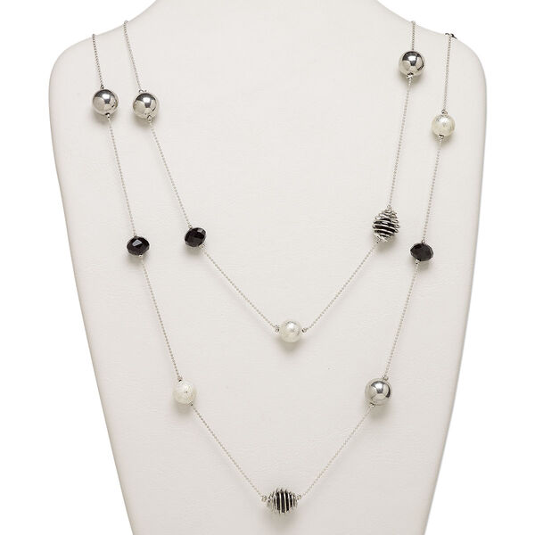 Necklace, imitation rhodium-finished brass and steel with glass, black, 14mm round, 56-inch continuous loop. Sold individually. image number 0