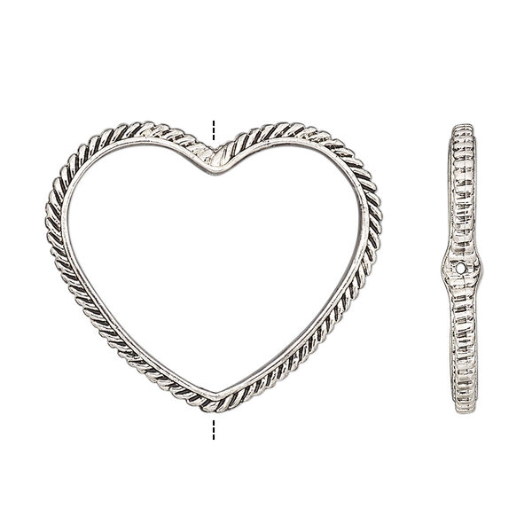 Bead frame, antique silver-finished "pewter" (zinc-based alloy), 28x24mm open heart with rope edge, fits up to 16mm bead. Sold per pkg of 2. image number 0
