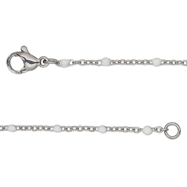 Chain, stainless steel and enamel, white, 1.7mm flat cable with 2mm ball, 20 inches with lobster claw clasp. Sold individually. image number 0