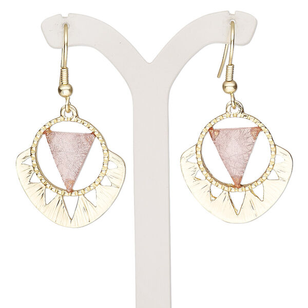 Earring, resin with gold-finished brass and "pewter" (zinc-based alloy), pink, 1-1/2 inch matte with triangle and fishhook ear wire. Sold per pair. image number 0