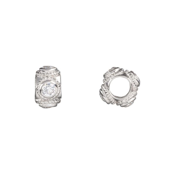Bead, cubic zirconia and rhodium-plated sterling silver, clear, 10.5x6.5mm rondelle with rope design. Sold individually. image number 0