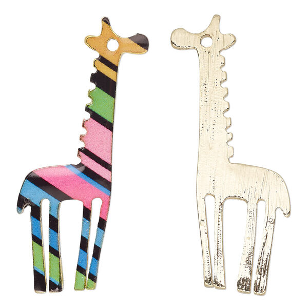 Focal, resin and gold-finished "pewter" (zinc-based alloy), rainbow, 33x16mm single-sided giraffe. Sold individually. image number 0