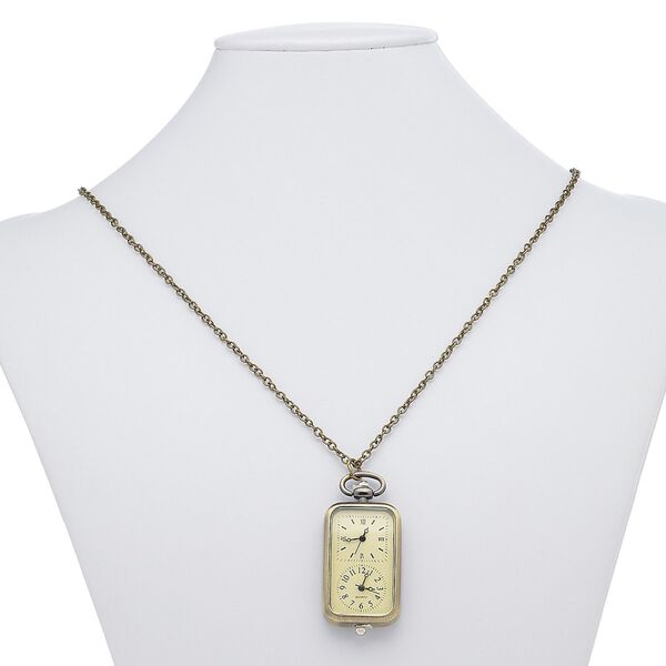 Necklace, plastic / steel / antique brass-plated steel / "pewter" (zinc-based alloy), black / pale yellow / clear, 57x27mm rectangle watch with numbers and Roman numerals, 28 inches with lobster claw clasp. Sold individually. image number 0