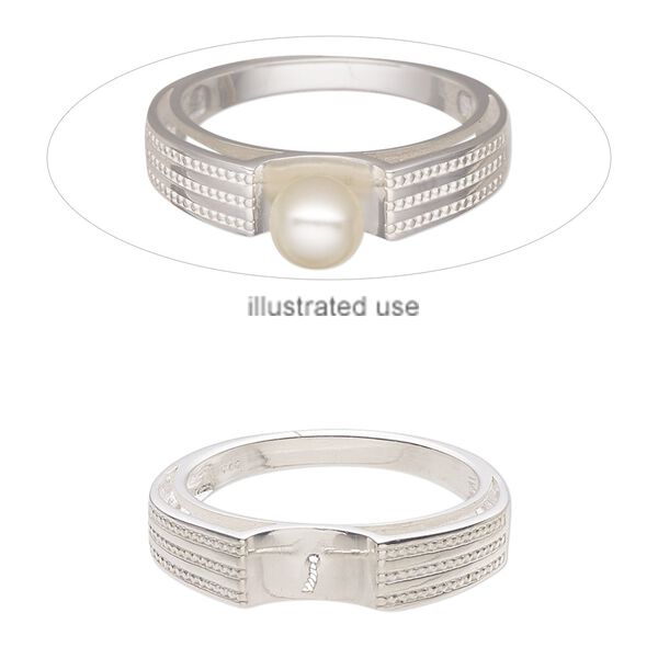 Ring, sterling silver, 5mm wide with beaded design and 4.5mm twisted peg, fits up to 8mm half-drilled round bead, size 9. Sold individually. image number 0