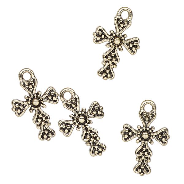Drop, antique gold-finished "pewter" (zinc-based alloy), 17x12mm fancy cross. Sold per pkg of 4. image number 0