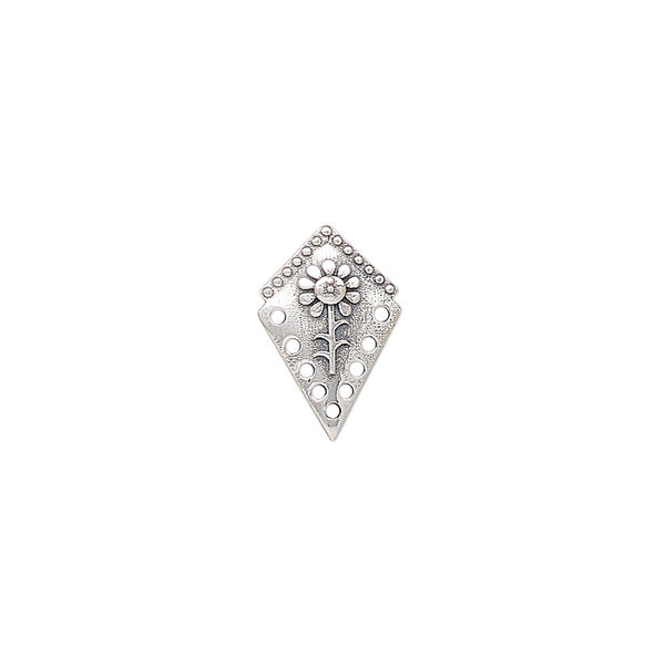 Drop, antiqued sterling silver, pkg/1, 14x9.5mm single-sided domed kite with flower design. image number 0
