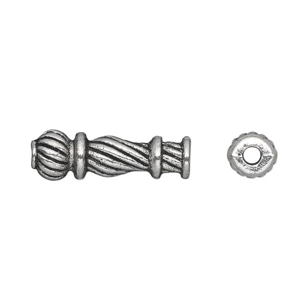 Bead, antique silver-plated "pewter" (zinc-based alloy), 22x7mm twisted tube with 2mm hole. Sold per pkg of 20. image number 0