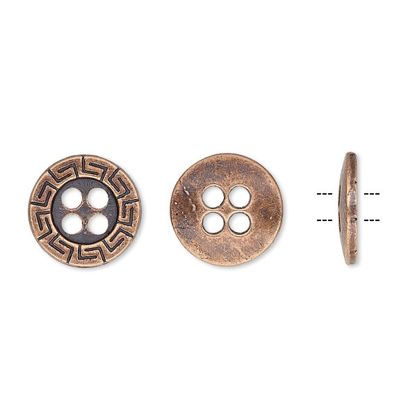 Button, antiqued copper-finished "pewter" (zinc-based alloy), 12mm single-sided flat round with Greek key design. Sold per pkg of 50. image number 0