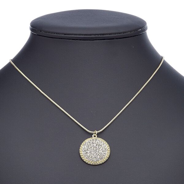 Necklace, glass rhinestone with gold-finished steel and "pewter" (zinc-based alloy), clear, 25.5mm round, 18 inches with 2-inch extender chain and lobster claw clasp. Sold individually. image number 0