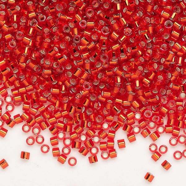 Seed bead, Delica®, glass, pkg/7.5g, #10 round, transparent silver-lined flame red (DBM-0043). image number 0