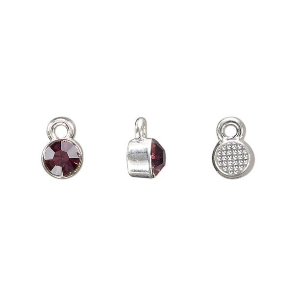 Drop, silver-finished "pewter" (zinc-based alloy) and glass rhinestone, amethyst purple, 6mm faceted round, February birthstone. Sold per pkg of 10. image number 0
