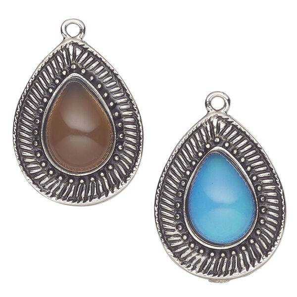 Focal, acrylic and antique imitation rhodium-plated "pewter" (zinc-based alloy), 32x25mm teardrop with color-changing "mood" cabochon. Sold per pkg of 2. image number 0