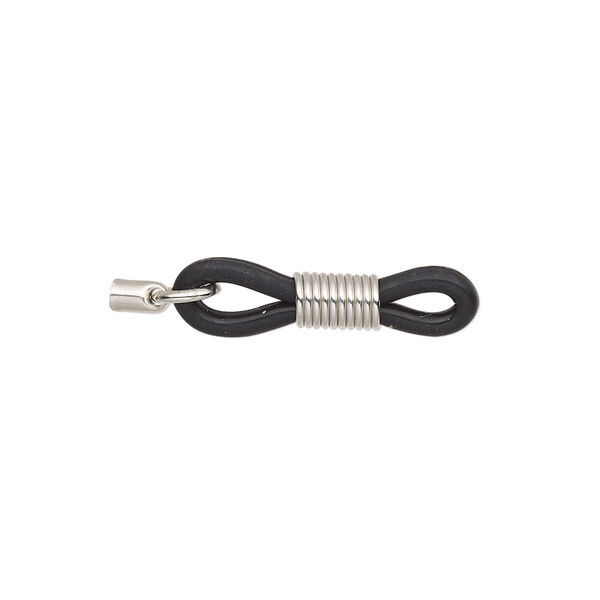 Eyeglass holder, rubber and imitation rhodium-finished steel, black, 22x6mm with 4x2.5mm cord end / 5mm open jump ring / adjustable coil. Sold per pkg of 20. image number 0