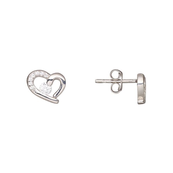 Earstud, Create Compliments®, rhodium-plated sterling silver and cubic zirconia, clear, 10x8.5mm heart. Sold per pair. image number 0
