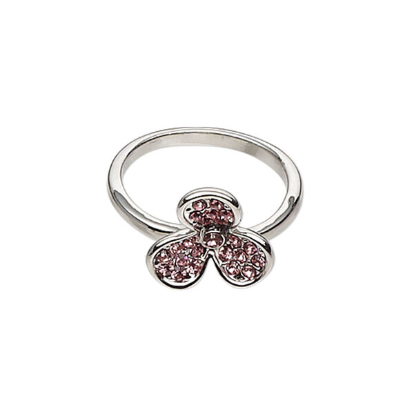 Ring, imitation rhodium-finished "pewter" (zinc-based alloy) and glass rhinestone, pink, 12x12mm clover, size 7. Sold individually. image number 0