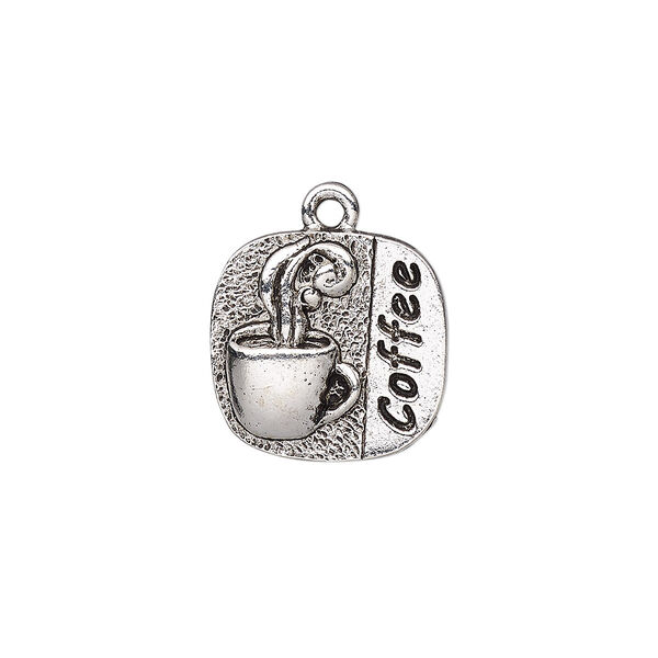 Drop, antique silver-plated pewter (tin-based alloy), 17x17mm single-sided rounded square with "Coffee" and mug design. Sold individually. image number 0