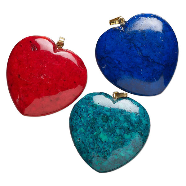 Pendant mix, riverstone (dyed) and gold-finished brass, mixed colors, 34-36mm heart, Mohs hardness 3-1/2. Sold per pkg of 3. image number 0