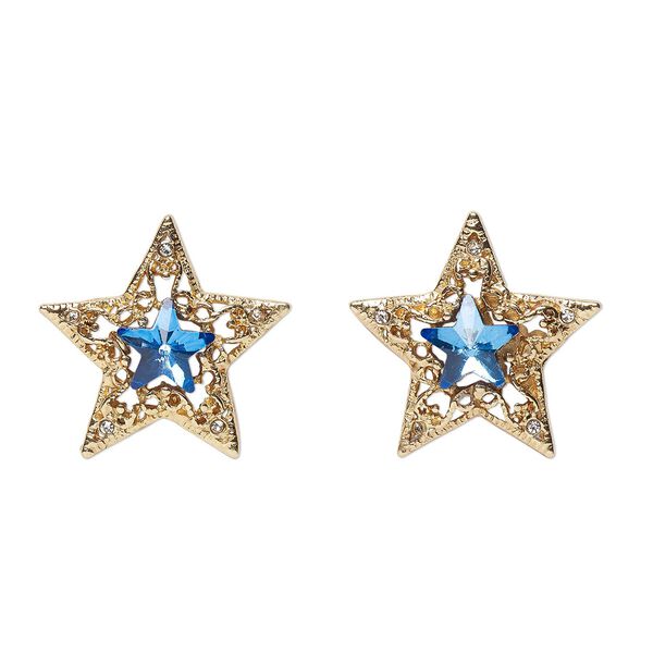 Drop, gold-finished "pewter" (zinc-based alloy) and glass, clear and blue, 26x25.5mm single-sided star. Sold per pkg of 2. image number 0