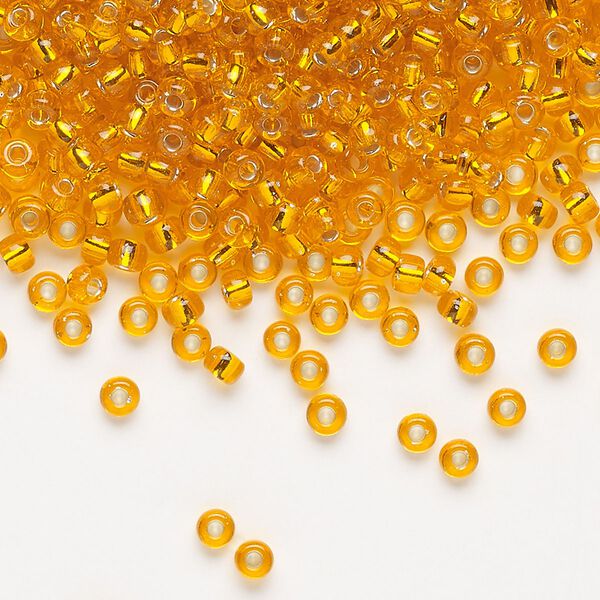 Seed bead, Miyuki, glass, pkg/50g, #8 rocaille, transparent silver-lined light orange (RR-7). image number 0
