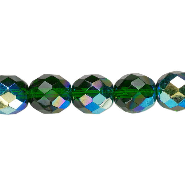 Bead, Czech fire-polished glass, emerald green AB, 10mm faceted round. Sold per 15-1/2" to 16" strand. image number 0