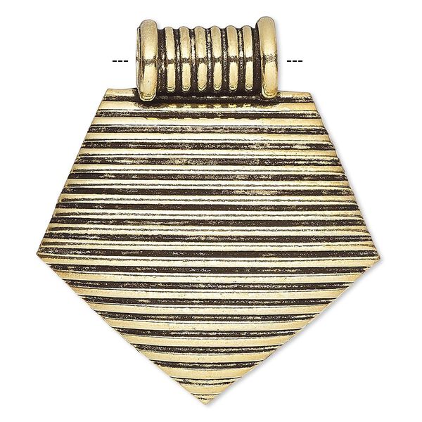 Pendant, antique gold-plated copper, 47x42mm pentagon with line design and tube bail. Sold individually. image number 0