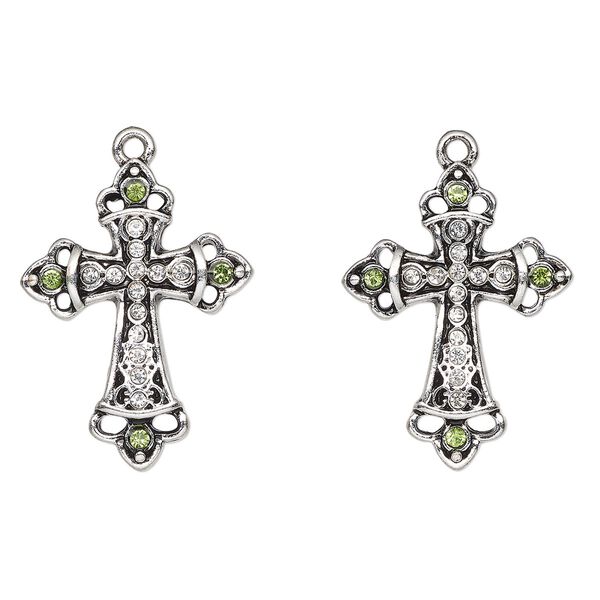 Drop, antique silver-finished "pewter" (zinc-based alloy) and glass, clear and green, 29x22mm fancy cross. Sold per pkg of 2. image number 0