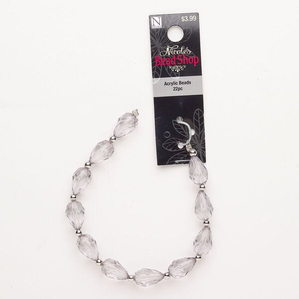 Bead, brass and acrylic, pkg/22, silver finish and grey, 4mm round and 15x9mm faceted teardrop. image number 0