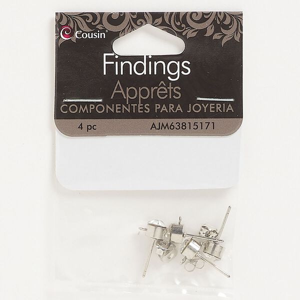 Earstud 1pkg4 "pewter" (zinc-based alloy), 5mm round / closed loop / earnuts, silver-finished / glass clear 2 pair image number 0