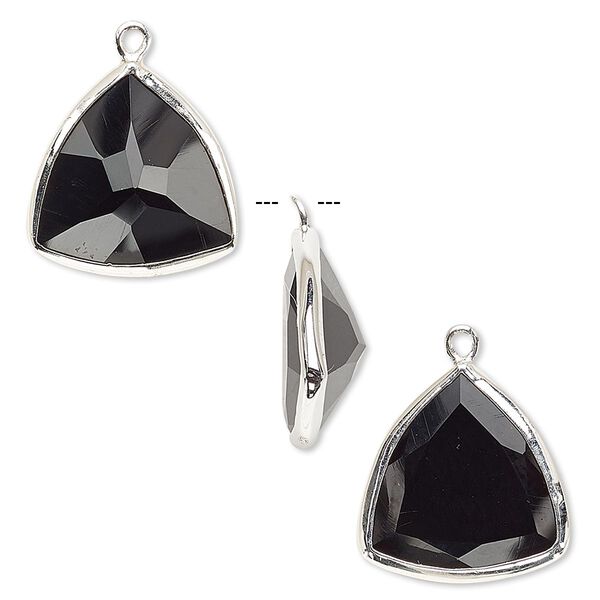 Drop, black onyx (dyed) and sterling silver, 16mm two-sided faceted triangle. Sold per pkg of 2. image number 0
