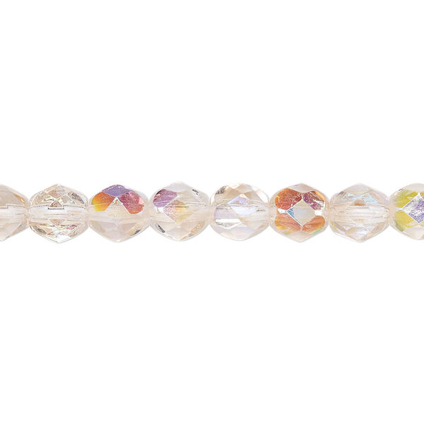 Bead, Czech fire-polished glass, two-tone, crystal/rose AB, 6mm faceted round. Sold per 15-1/2" to 16" strand. image number 0