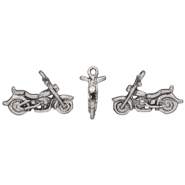 Charm, antiqued pewter (tin-based alloy), 22x10mm 3D motorcycle. Sold individually. image number 0