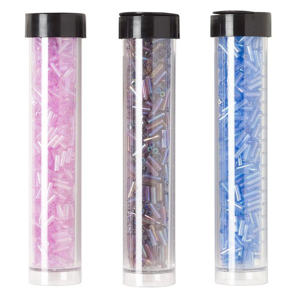 Bugle bead mix, Ming Tree™, glass, transparent rainbow light amethyst purple / blue / lilac, 1/4 inch. Sold per pkg of (3) 4 x 3/4 inch vials, approximately 2,000 beads. image number 0