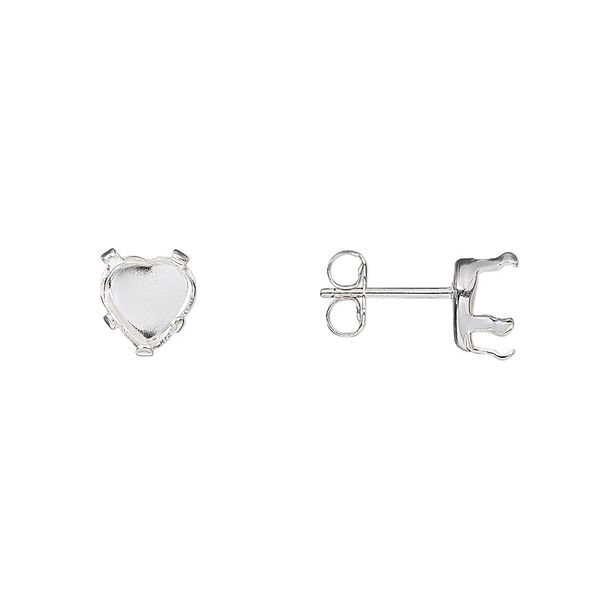 Earstud 1pkg4 Snap-Tite® sterling silver, 6mm heart 5-prong setting / earnuts, 2 pair image number 0