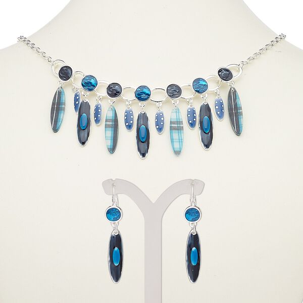 Necklace and earring set, enamel / resin / silver-plated steel / "pewter" (zinc-based alloy), multicolored, ellipse, 18-inch necklace with 2-inch extender chain and lobster claw clasp, 45mm earrings with leverback. Sold per set. image number 0