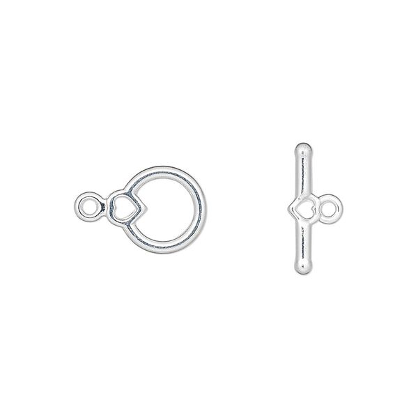 Clasp, toggle, silver-plated "pewter" (zinc-based alloy), 10x9mm round with heart. Sold per pkg of 100. image number 0
