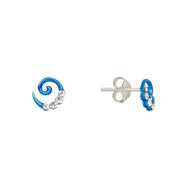Earstud, Create Compliments®, enamel and sterling silver, blue, 7mm swirl. Sold per pair. image number 0