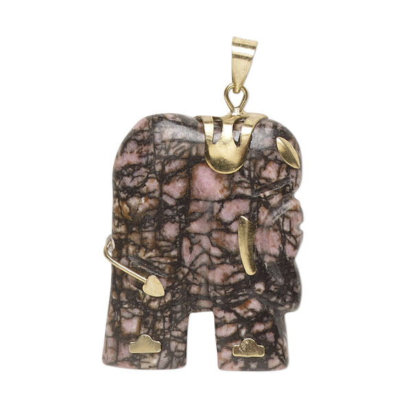 Rhodonite / "pewter" (zinc-based alloy) 1pkg1, gold-finished elephant pendant natural 28x23mm-30x25mm image number 0