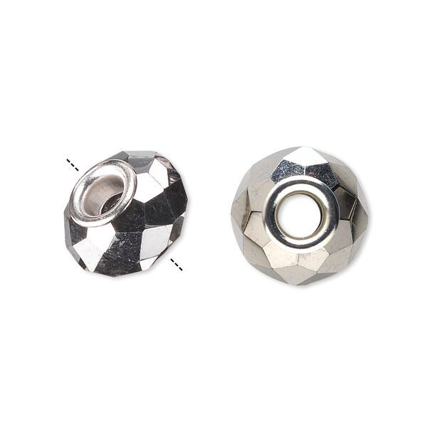Bead, Dione®, glass and silver-plated brass grommets, 32-facet, opaque metallic dark silver, 14x9mm faceted rondelle. Sold per pkg of 6. image number 0