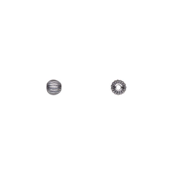 Bead, antiqued sterling silver, 4mm seamless corrugated round. Sold per pkg of 50. image number 0