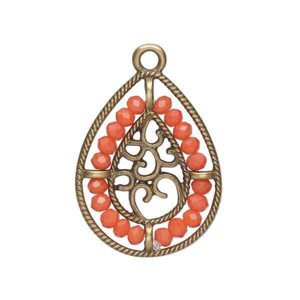 Drop, antique brass-finished "pewter" (zinc-based alloy), salmon pink, 27.5 x 21.5mm teardrop with hearts and beaded border. Sold per pkg of 2. image number 0