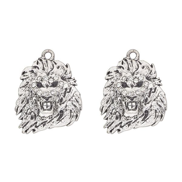 Charm, antique silver-finished "pewter" (zinc-based alloy) and glass, black, 23x22mm single-sided lion head. Sold per pkg of 2. image number 0