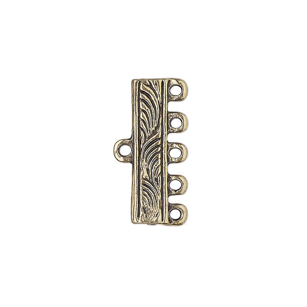 End bar, antique gold-finished "pewter" (zinc-based alloy), 21x5mm 5-strand fancy rectangle with swirl design. Sold per pkg of 10. image number 0